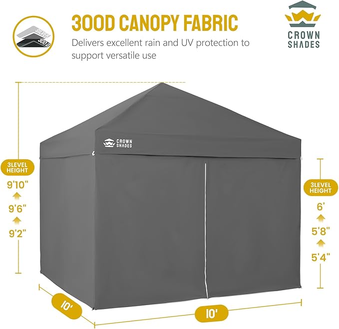 CROWN SHADES 10X10 Comercial Instant Canopy Pop Up Tent with Center Lock (10x10 with 4 Sidewalls, Grey)