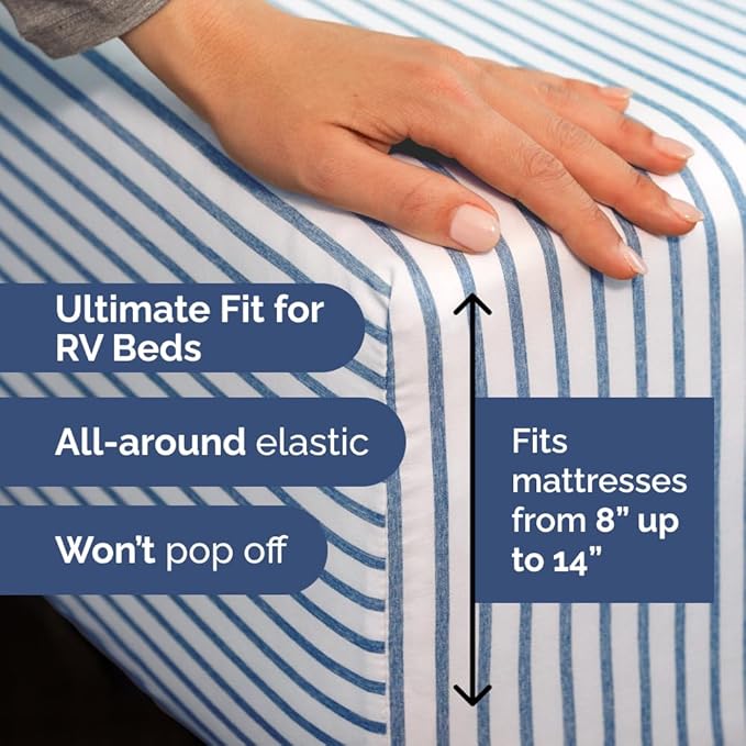 Short Queen Size 4 Piece Sheet Set - RV Short Queen, Soft, Breathable & Cooling Bed Sheets Set w/ Deep Pockets - Hotel Luxury Bedding for Women, Men, Kids, Teens, Boys & Girls, Oeko-Tex - Blue Stripes