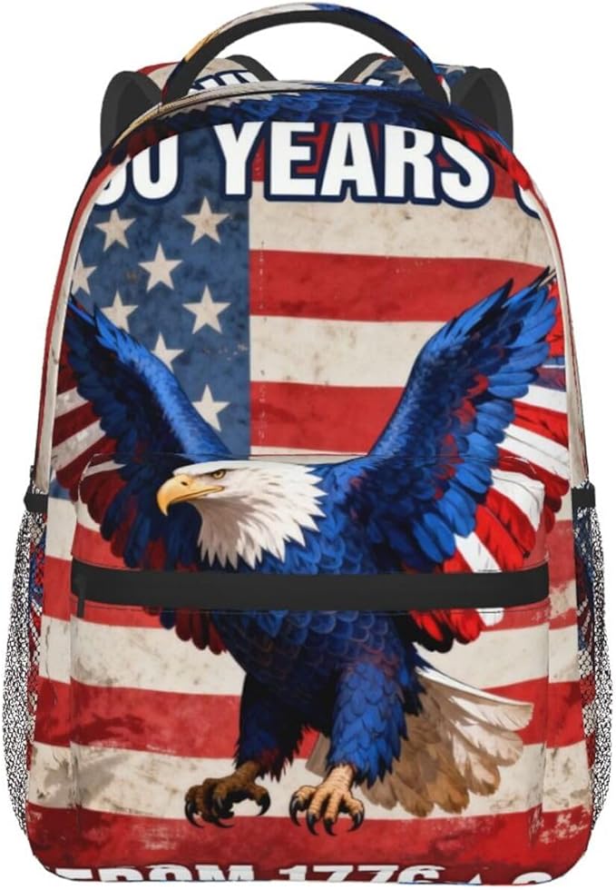 Women Men Polyester 250th Anniversary 1776-2026 Patriotic Eagle Art Casual Daypack Large Capacity Bookbag With Side Pockets for Sports Picnic Walking Cycling