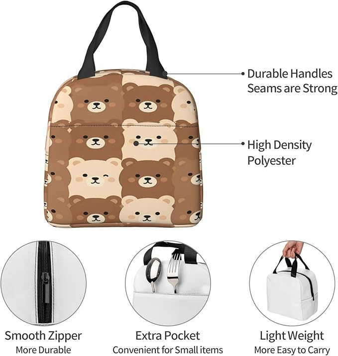 cute brown and beige bear faces Insulated Lunch Bag Oxford Cloth & Thick Foil Cooler Warmer Tote Waterproof Wear-Resistant with Front Pocket for Work Picnic Outdoor Travel