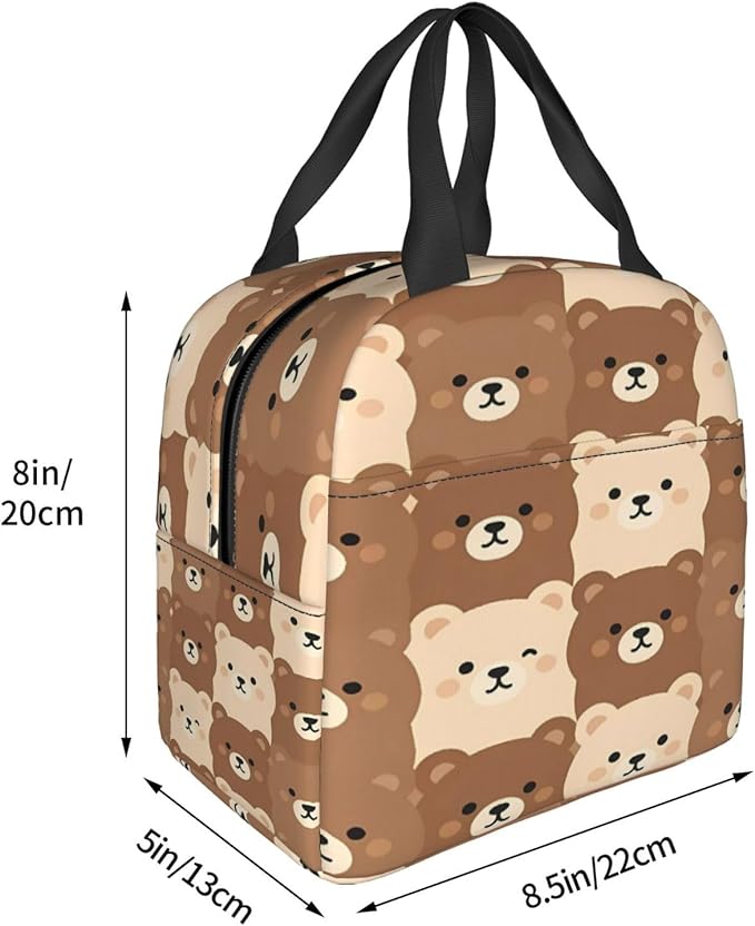 cute brown and beige bear faces Insulated Lunch Bag Oxford Cloth & Thick Foil Cooler Warmer Tote Waterproof Wear-Resistant with Front Pocket for Work Picnic Outdoor Travel