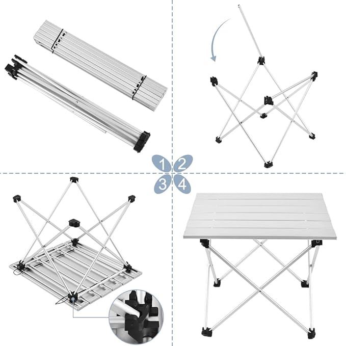 Grope Small Folding Camping Table with Aluminum Table Top, Beach Table for Sand with Carrying Bag,Prefect for Outdoor, Picnic, BBQ, Cooking, Festival (Silver-M)