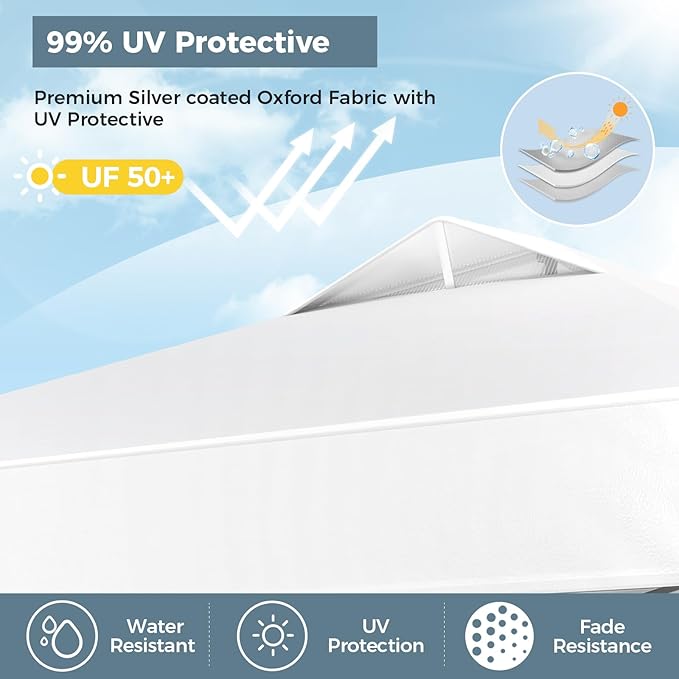 GREEN PARTY 10x10 ft Pop Up Canopy Tent, 1-Person Setup Instant Outdoor Canopy with Vented Top, Wheeled Carry Bag, 4 Ropes & 4 Sandbag -White