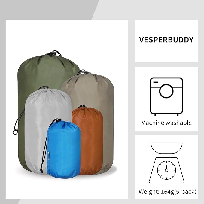 Small Drawstring Bags Stuff Sack Set 5-Pack,Colorful 3L/5L/9L/15L/20L Ultralight Ditty Bags with Dirty Flap for Camping,Hiking,Travelling or Laundry (Blue&Golden&Grey&Yellow&Green)