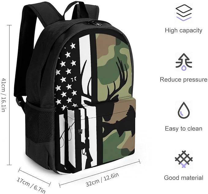 Lightweight Daypack Backpack for Sports Travel Running, Large Capacity Multipurpose Anti-Theft Bookbag, Hunting Deer Bass Fishing Lure Camo Camouflage American Flag Black Laptop Backpack Daypack