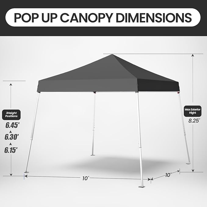 10x10 Pop Up Canopy, 300D Silver Coated Grey Fabric Outdoor Gazebo, Beach Tent Slant Legs with Storage Bag,Easy Up Sun Shade Shelter Tents with 8x8 Top Cover for Patio,Party