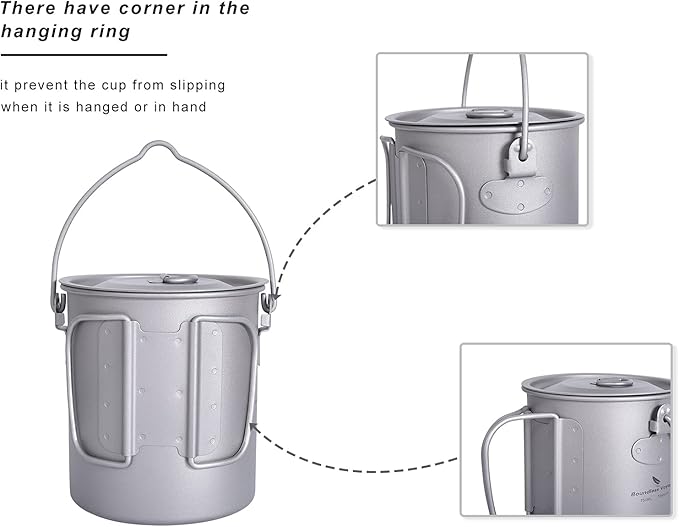 iBasingo 750ml Titanium Mug Camping Hanging Pot with Lid Ultralight Outdoor Travel Tea Coffee Water Cup Portable Hiking Picnic Backpacking Cooking Kit with Foldable Handle Ti3038D