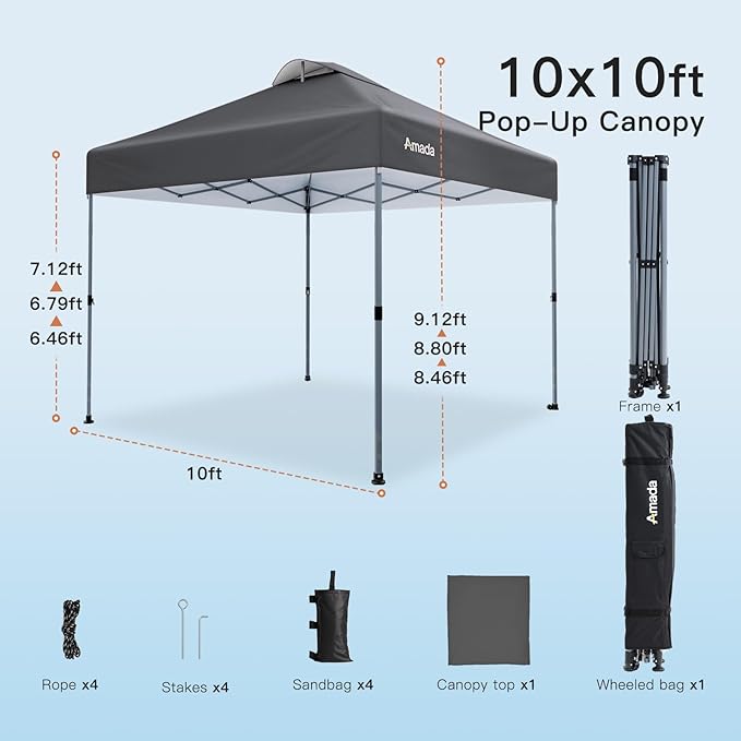 Amada 10x10 Pop Up Canopy - Center Lock One Push Instant Setup Gazebo Outdoor Canopy Beach Tent with STO-N-Go Bag 8 Stakes & 4 Sand Bags, 3-Height Adjustable Shade Shelter (10x10ft, Grey)