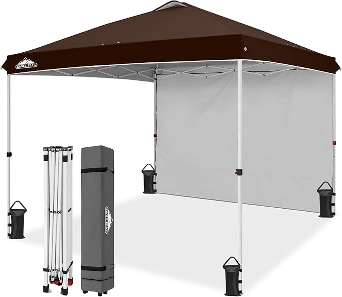 EAGLE PEAK Pop Up Canopy Tent with 1 Sidewall, Easy Setup Event Tent, Outdoor Sun Shade, Wheeled Carry Bag, Stakes and Guy Ropes, Instant Canopy 10x10, Brown