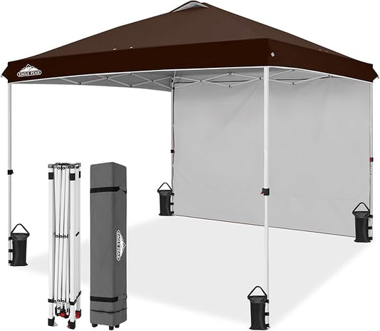 EAGLE PEAK Pop Up Canopy Tent with 1 Sidewall, Easy Setup Event Tent, Outdoor Sun Shade, Wheeled Carry Bag, Stakes and Guy Ropes, Instant Canopy 10x10, Brown