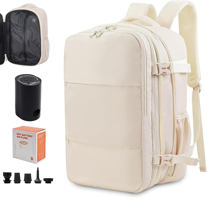 Air Vacuum Compression Travel Backpack: Expandable Beige Carry On Bag Vacuum with Pump Fits 17.3 inch Laptop for Women & Men - Suitable for Business, Camping and Work Water-resistant