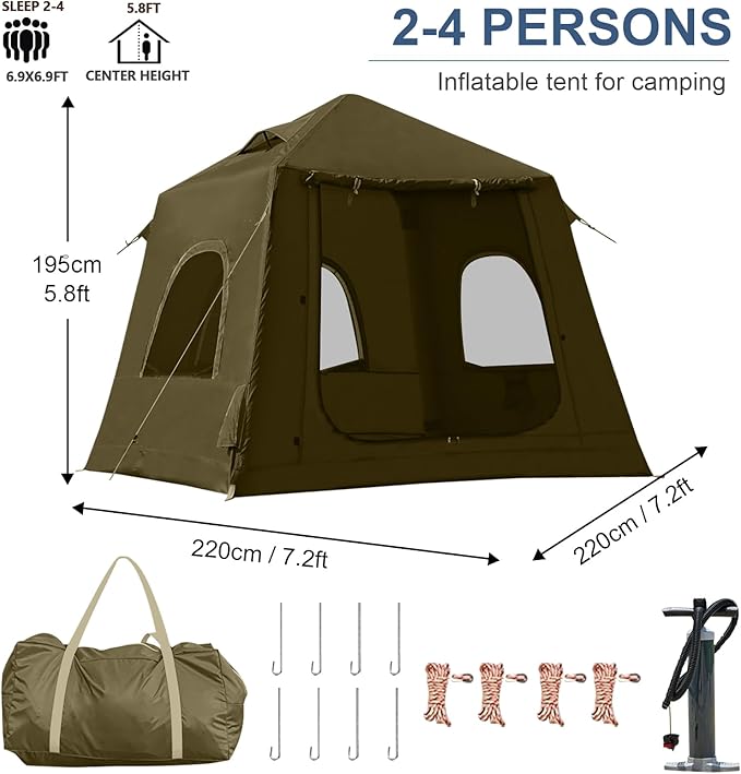 Inflatable Tents for Camping,2/4 Person Easy Setup Blow Up Tents for 4 Seasons Waterproof InflatableTent for Camping, Air Glamping Tents for Camping Adult