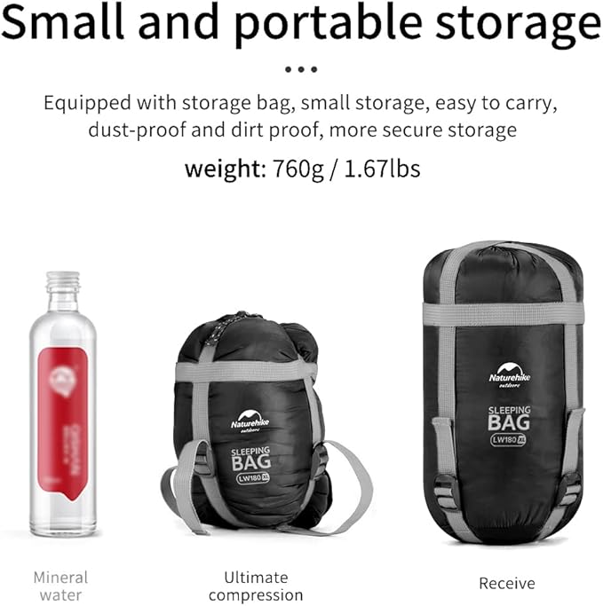 Naturehike Lightweight Compact Sleeping Bag, 59℉/32℉ Envelope Ultralight Backpacking Sleeping Bag Portable, Waterproof with Compression Sack for Cold&Warm, Camping, Traveling, Hiking