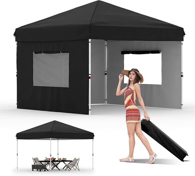10x10 Pop Up Canopy Tent Outdoor Canopy with 3 Removable Sidewalls One-Person Set Up Heavy Duty Commercial Instant Tent Shelter-Black