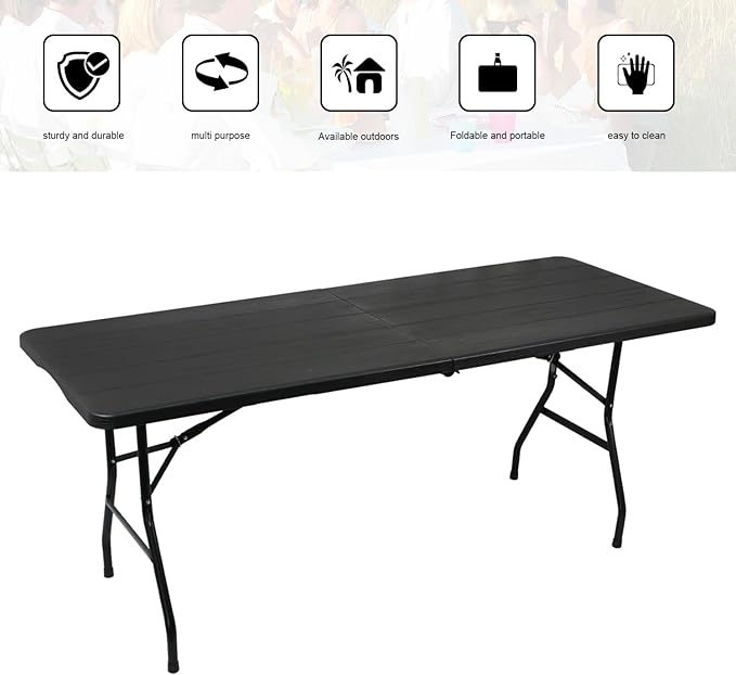 2-PCS 70.8" W X 29" D X 29" H - 6 ft Black Folding Table Heavy Duty Portable, Plastic Folding Utility Folding Table for Camping, Picnics & Parties