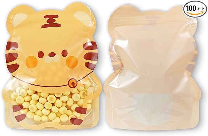 QQ Studio Pack of 100 Goodie Bags with Animal Design Strand Strong Resealable Pouches Perfect for Gift Treats and Favor with Clear Window 7 Inch x 8.75 Inch (Orange Tiger)