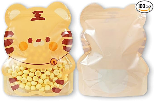 QQ Studio Pack of 100 Goodie Bags with Animal Design Strand Strong Resealable Pouches Perfect for Gift Treats and Favor with Clear Window 7 Inch x 8.75 Inch (Orange Tiger)