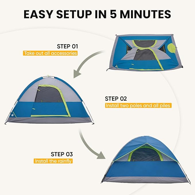 NEWBULIG 2-4 Person Camping Tent, Lightweight 5 Min Easy Setup, Waterproof Windproof Dome Tent with Rainfly for Outdoor, Hiking, Backpacking, Beach