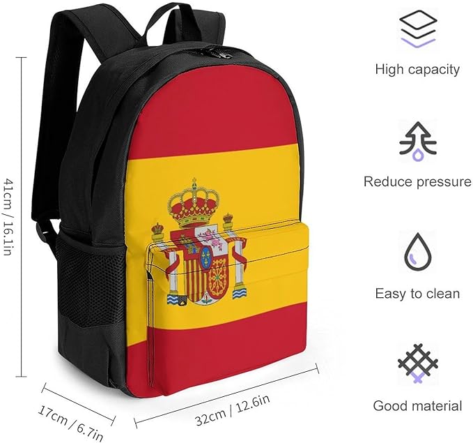 Shoulder Book Bags Anti-Theft Multipurpose Big Capacity Bookbag, Spain Flag Travel Hiking Backpack With Smooth Zippers