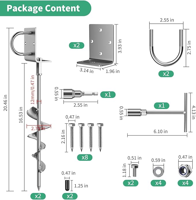 Phopich Multi-Purpose Ground Anchors Screw in, 16in Fully Welded Heavy Duty Trampoline Stakes with Brackets, T-Wrench and Adapter for Drill, Earth Anchor kit for Mobile Home, Trampoline, Shed 2Pack