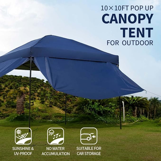 10x10 Pop Up Canopy Tent with 2 Sidewalls, Easy Up Canopy Outdoor Party Sun Shade Tent Portable Gazebo for Beach Camping Events with Carry Bag and 4 Sand Bags (Navy Blue)