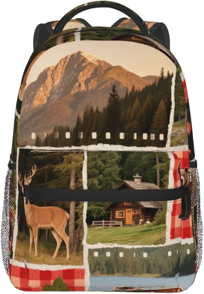 Adults Lightweight Rustic Lodge Bear Moose Rucksacks Large Capacity Bookbag With Adjustable Shoulder Straps for Trekking Outdoors Bicycle