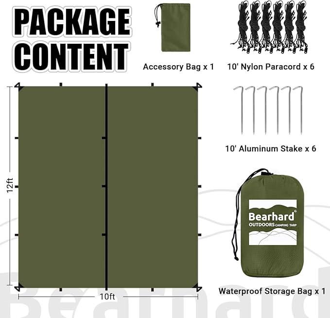 Bearhard Waterproof Camping Tarp, Lightweight Hammock Rain Fly, UV Protection and PU 3000mm Waterproof Backpacking Tarp, Tent Footprint or Shelter Kit for Hiking and Outdoor Adventure