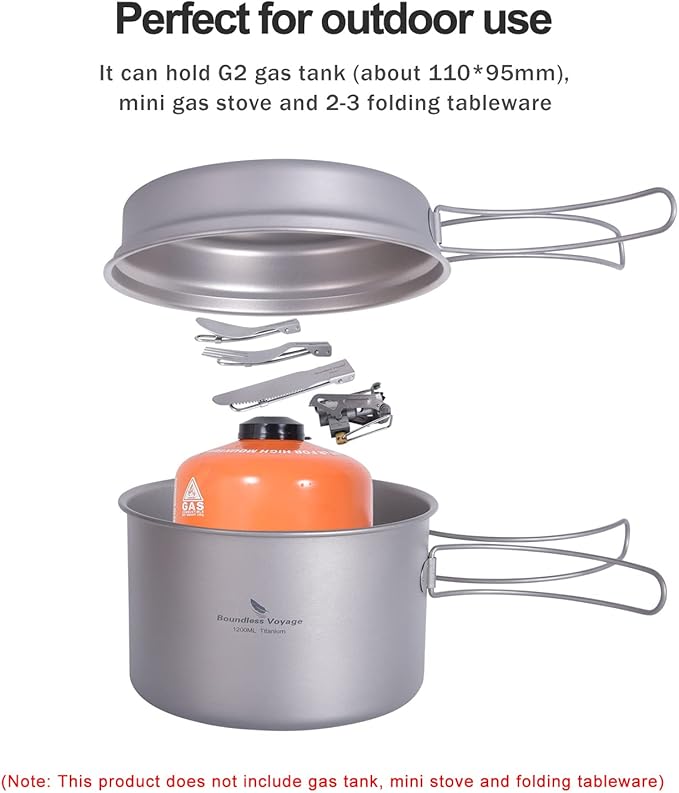 iBasingo Backpacking Cookset Titanium Camping Pots Set Ultralight Outdoor Picnic Pots Pans with Folding Handle Druable Portable Cooking Mess Kit Compact Picnic Dishes Bowls Cups (Multiple Sizes)