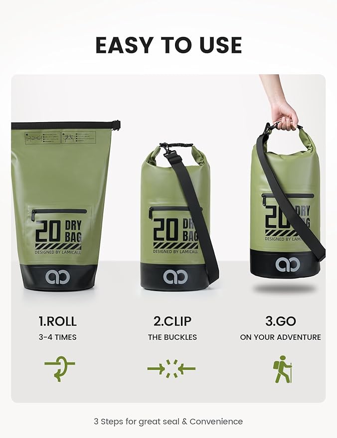 Lamicall Waterproof Dry Bag with Phone Pouch, Floating Roll Top Backpack, 20L, Green