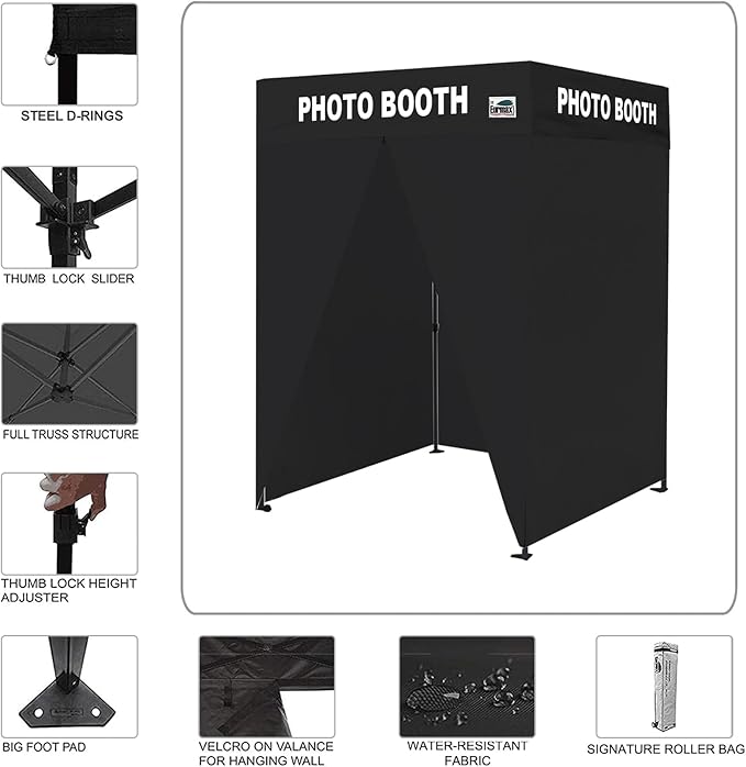 Eurmax USA 5'x5' Flat Top Pop-up Canopy Portable Photo Booth Tent for Events Wedding Photobooth for Professional Photos Photo Studio Photo Booth System with Roller Bag，Bonus 4 SandBags (Black)