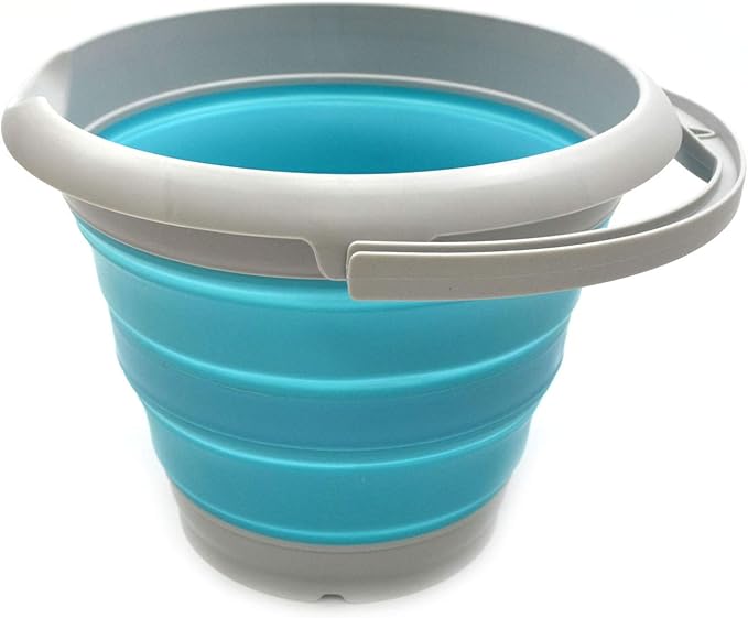 SAMMART 5L / 1.32 Gallon Collapsible Plastic Bucket - Foldable Round Tub - Portable Fishing Water Pail - Space Saving Outdoor Waterpot (5L Round, Grey/Bright Blue)