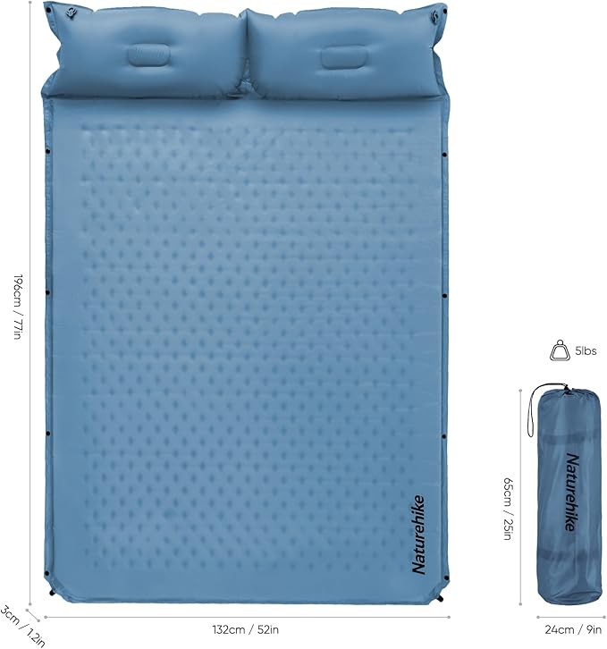 Naturehike Self-Inflating Sleeping Pad with Pillow, Patchwork Sleeping Pad for Camping Backpacking Hiking Traveling Tent（Blue）
