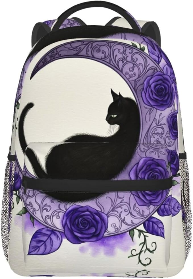 Polyester Daypack Backpack for Climbing Outdoors Running, Big Capacity Multipurpose Anti-Theft Bookbag, Elegant Black Cat Crescent Moon Purple Rose Vine Art Travel Hiking Camping Rucksack
