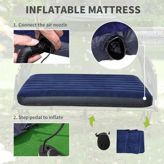 2 Person Foldable Camping Cot with Tent, Bedspread and Thick Air Mattress, 4-in-1 Elevated Camping Bed Tent for Outdoor Hiking, Picnic, Travel