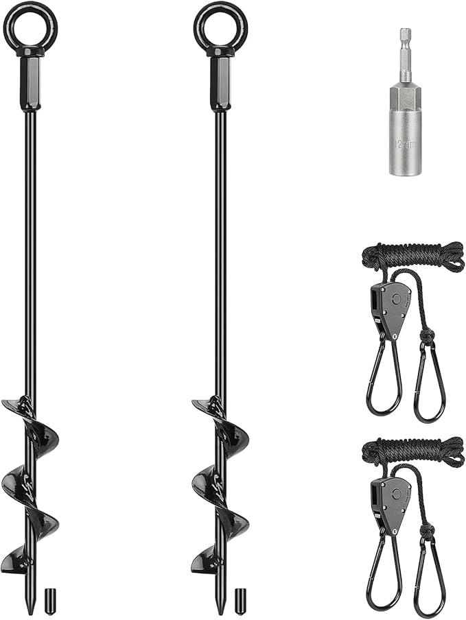 2 Pack 16" Ground Anchors Screw in, Tent Stakes Anchors with Drill, Heavy Duty Earth Anchors for Tent, Canopy, Trampoline