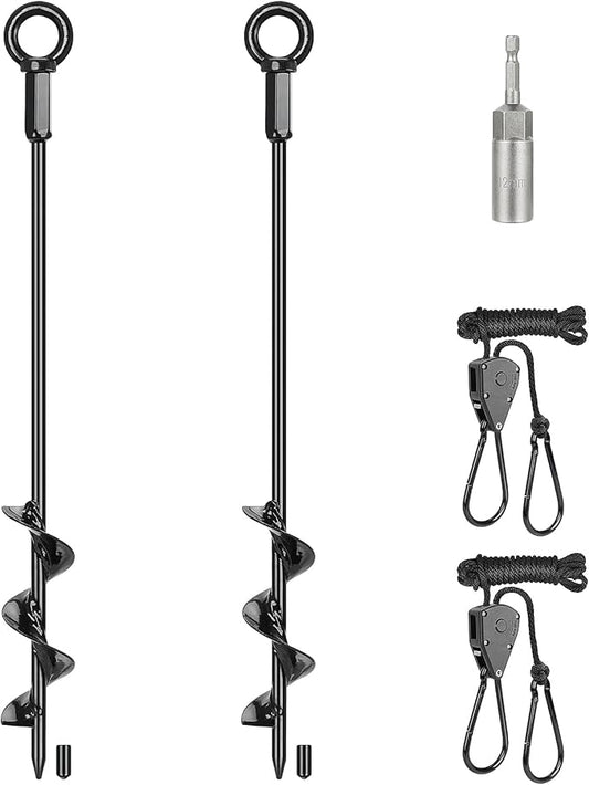 2 Pack 16" Ground Anchors Screw in, Tent Stakes Anchors with Drill, Heavy Duty Earth Anchors for Tent, Canopy, Trampoline