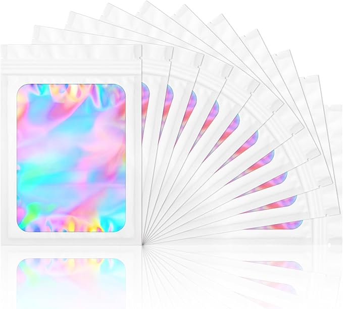 100 Pack Smell Proof Bags- Resealable Mylar Holographic Packaging Pouch Bag with Clear Window for Food Storage Eyelash Jewelry Electronics Storage (White, 3.5 x 4.7 Inch)