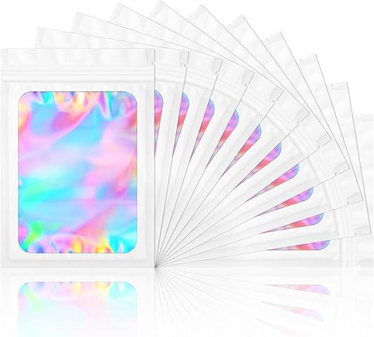 100 Pack Smell Proof Bags- Resealable Mylar Holographic Packaging Pouch Bag with Clear Window for Food Storage Eyelash Jewelry Electronics Storage (White, 3.5 x 4.7 Inch)