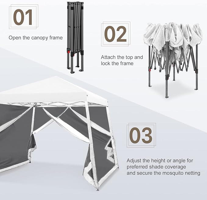 COOS BAY 10x10 Pop Up Canopy Tent with Screen Netting, Slant Leg Canopy with UPF 50+ UV Protection, 64 Sq Ft Shade, One Person Setup with Carry Bag, White