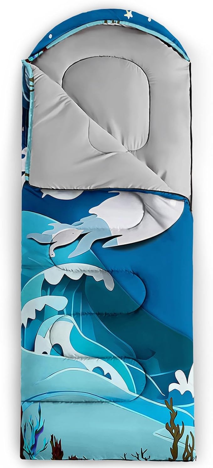 Kids Sleeping Bag for Boys Girls,Cartoon Blue Unicorn Print-Lightweight Warm Portable Outdoor Indoor-Waterproof Cold Weather Resistant Sleeping Bag for Camping Hiking