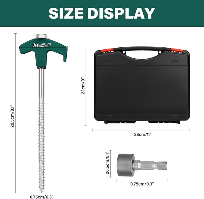 18 Tent Stakes Heavy Duty Metal Tent Stakes Screw in Camping Stakes with Luminous Head Ground Anchor Pegs Threaded Tent Spikes with Hex Head Driver and Storage Box, Green