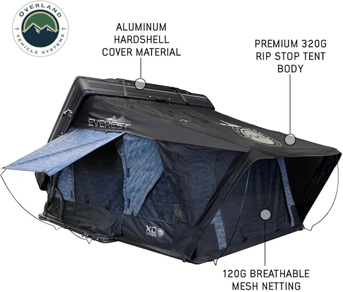 Overland Vehicle Systems XD Everest Cantilever Aluminum Hard Sheel Roof Top Tent with Black Out Kit - Grey Body & Black Rainfly
