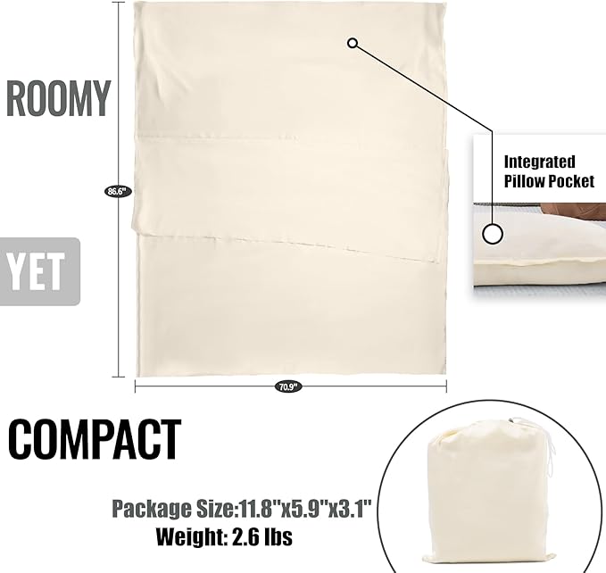 Sleeping Bag Liner,Long Staple Cotton, Adult Sleep Sack & Travel Sheets,Travel Sleep Sack for Backpacking, Hotels & Hostels Lightweight Travel Sheet Camping Sheets,Has Full Length Zipper