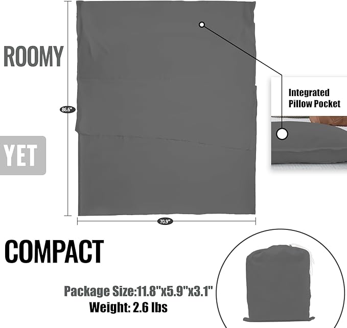 Sleeping Bag Liner,Long Staple Cotton, Adult Sleep Sack & Travel Sheets,Travel Sleep Sack for Backpacking, Hotels & Hostels Lightweight Travel Sheet Camping Sheets,Has Full Length Zipper