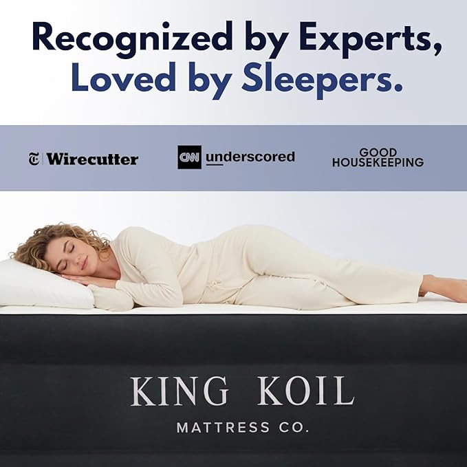 King Koil Luxury Plush Pillow Top California King Air Mattress with Built-in High-Speed Patented Pump for Home, Camping & Guests, Inflatable Double High Blow Up Airbed, Waterproof, 1-Year Warranty