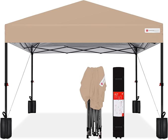 Best Choice Products 8x8ft Pop Up Canopy Tent, Outdoor Shade, 1 Person 1 Minute Set Up, Carry Case, 4 Weight Bags - Tan