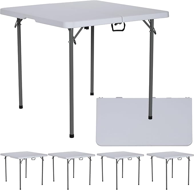 BTEXPERT 34" Folding Table, Portable Square Card Table Collapsible Legs Carrying Handle, Plastic Tables for Indoor Outdoor Home Camping Picnic, Party Board Games Nights Gatherings White Set of 10