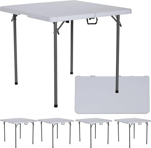 BTEXPERT 34" Bi-Folding Commercial Fold in Half Square Table Heavy Duty Portable Plastic Dining Card Table w Handle for Indoor Outdoor Kitchen Party Wedding Event White Set of 5