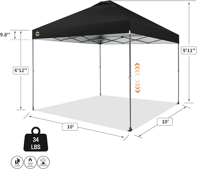CROWN SHADES Adjustable Height on The Fly, 10x10 Pop Up Canopy - Beach Tent with One Push Setup - Easy Outdoor Sun Shade for Events, Parties, Camping - Outside Shade with STO-N-Go Bag, Black