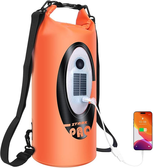FELICON Solar/Battery Powered Multi-Functional Backpack with Bluetooth Speaker,IP66 Waterproof Dry Bag,Heavy Duty Roll Top Closure,Large Capacity Bag for Camping,Hiking,Traveling (Orange 20L)